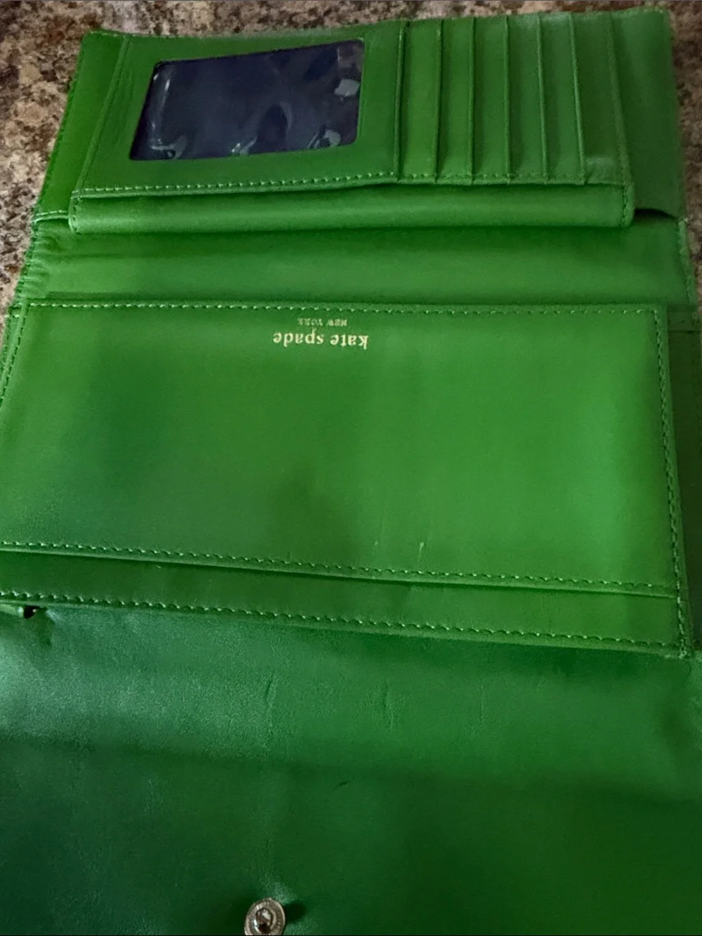 kate spade Bright Green Pebbled Leather Wallet with Gold Plaque